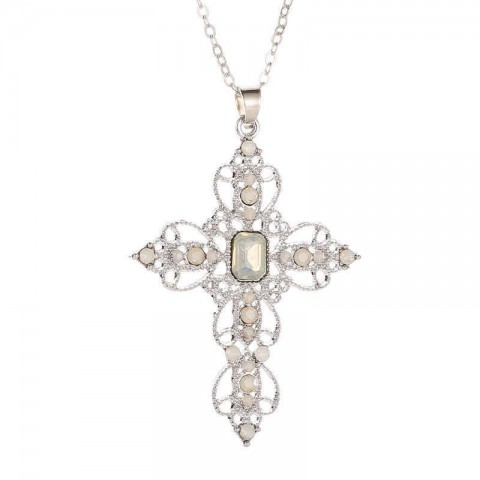 Jin Wen Women's Bohemian Cross Pendant Necklace with White Horn Stone