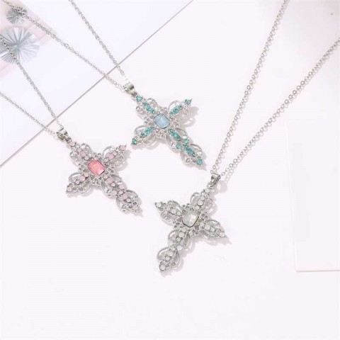 Jin Wen Women's Bohemian Cross Pendant Necklace with White Horn Stone