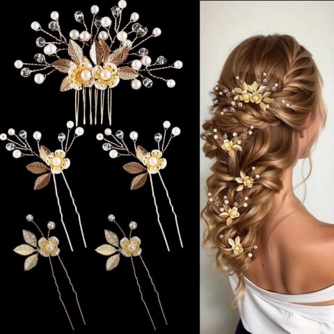 Elegant Pearl Flower Hair Clip for Women - Gold Alloy Tiaras & Side Comb