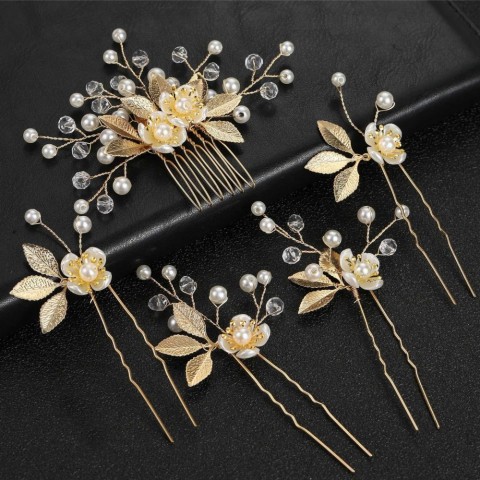 Elegant Pearl Flower Hair Clip for Women - Gold Alloy Tiaras & Side Comb