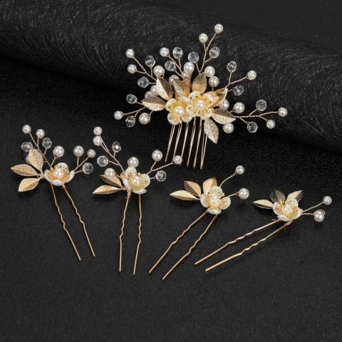 Elegant Pearl Flower Hair Clip for Women - Gold Alloy Tiaras & Side Comb