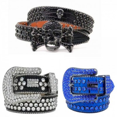 Men Women Bb Simon Retro Crystal Diamond Leather Belt with Golden Smooth Buckle