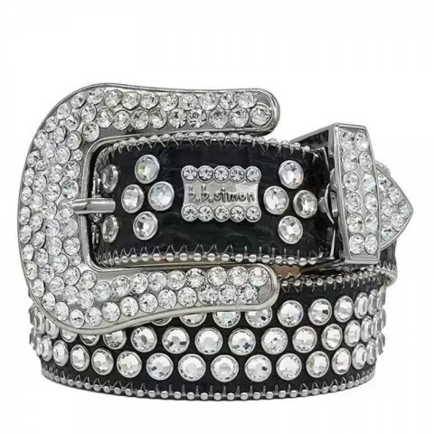 Men Women Bb Simon Retro Crystal Diamond Leather Belt with Golden Smooth Buckle