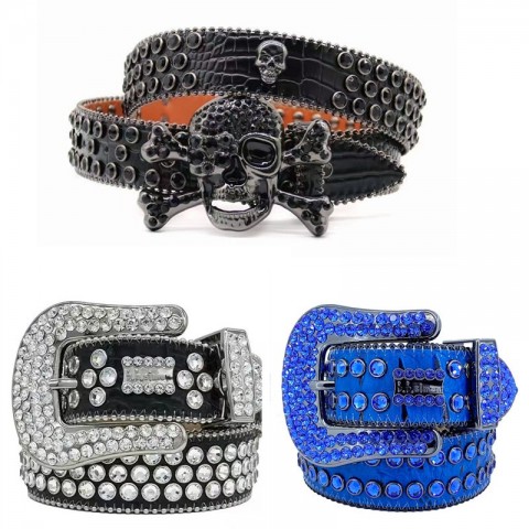 Men Women Bb Simon Retro Crystal Diamond Leather Belt with Golden Smooth Buckle