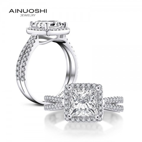 AINUOSHI Elegant 925 Sterling Silver 1.6 CT Princess Cut Halo Engagement Ring with Simulated Diamond