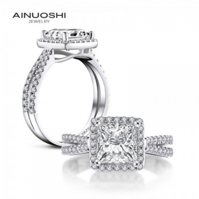 AINUOSHI Elegant 925 Sterling Silver 1.6 CT Princess Cut Halo Engagement Ring with Simulated Diamond