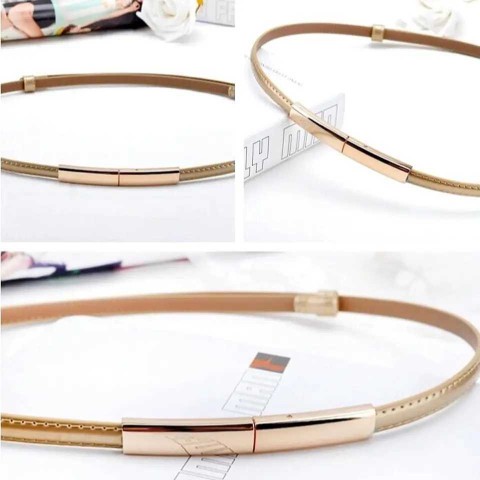 Genuine Leather Adjustable Gold Buckle Belt for Women - Narrow Width Fashion Strap