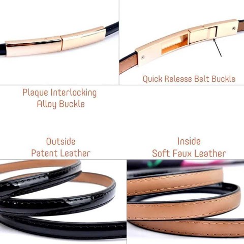 Genuine Leather Adjustable Gold Buckle Belt for Women - Narrow Width Fashion Strap