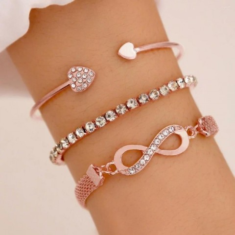Elegant Women's 3Pcs Heart Crystal Bangle Set in Gold & Silver