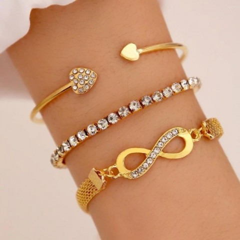 Elegant Women's 3Pcs Heart Crystal Bangle Set in Gold & Silver