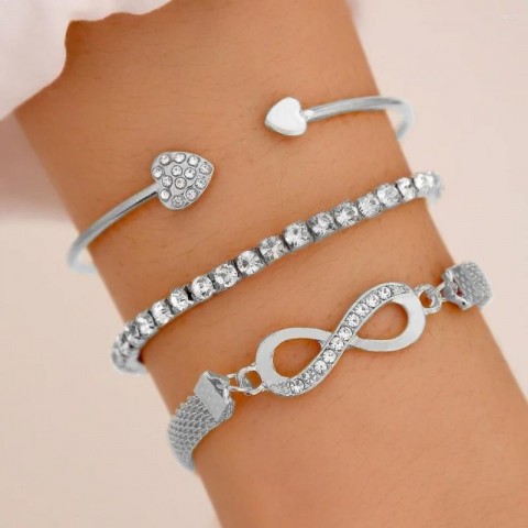 Elegant Women's 3Pcs Heart Crystal Bangle Set in Gold & Silver
