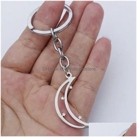 Stainless Steel Keychains & Lanyards - Unisex Fashion Jewelry Stars Moon Keyring - Wholesale 12 Pieces Lot