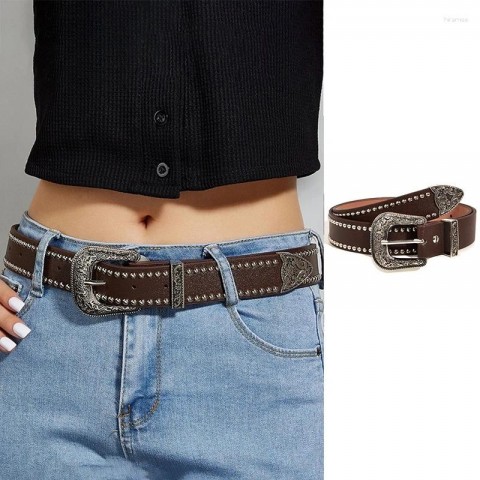 Punk Fashion Women's Adjustable Hollow Rivet Leather Belt - Black