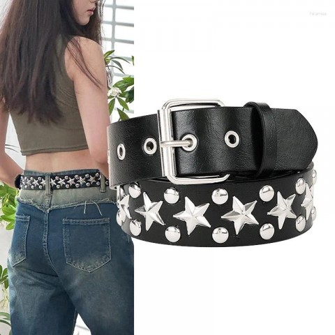 Punk Fashion Women's Adjustable Hollow Rivet Leather Belt - Black