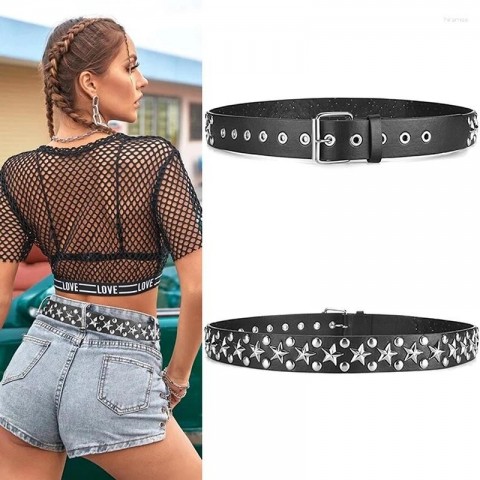 Punk Fashion Women's Adjustable Hollow Rivet Leather Belt - Black