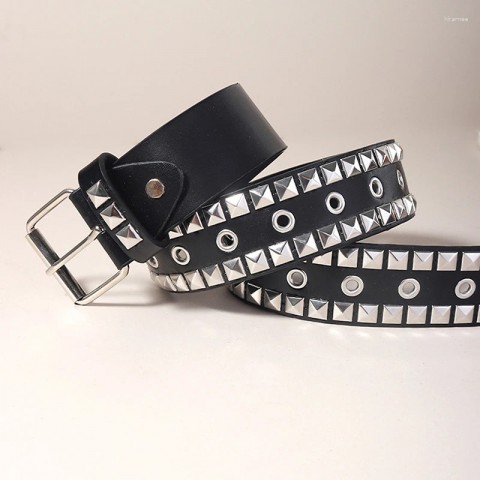 Punk Fashion Women's Adjustable Hollow Rivet Leather Belt - Black