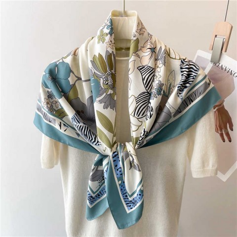 Women's Fashion Twill Silk Print Scarf 90cm Square Hijab for Spring Summer Autumn Winter