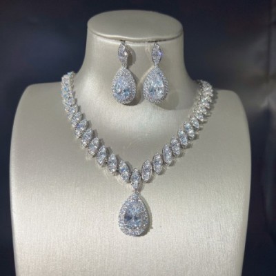 Resizable Elegant Water Drop Lab Diamond Jewelry Set 14K White Gold Engagement Wedding Earrings Necklace for Women