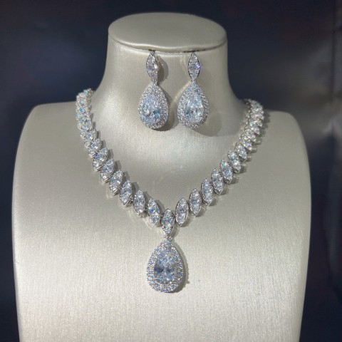 Resizable Elegant Water Drop Lab Diamond Jewelry Set 14K White Gold Engagement Wedding Earrings Necklace for Women