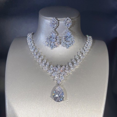 Resizable Elegant Water Drop Lab Diamond Jewelry Set 14K White Gold Engagement Wedding Earrings Necklace for Women