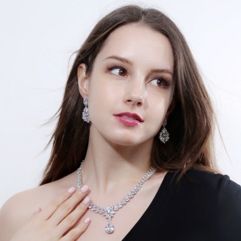 Resizable Elegant Water Drop Lab Diamond Jewelry Set 14K White Gold Engagement Wedding Earrings Necklace for Women