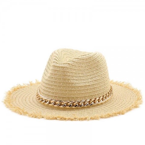 Natural Straw Fedora Beret with Gold Chain for Men and Women