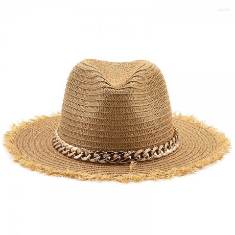 Natural Straw Fedora Beret with Gold Chain for Men and Women
