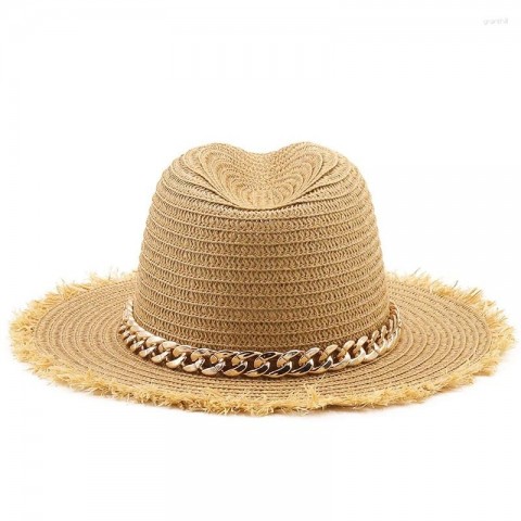 Natural Straw Fedora Beret with Gold Chain for Men and Women