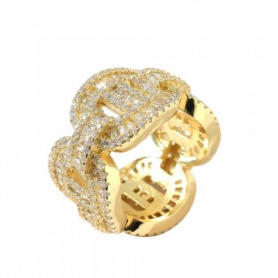 European & American Style Real Gold Plated Zircon Cuban Chain Men's Hip-Hop Ring