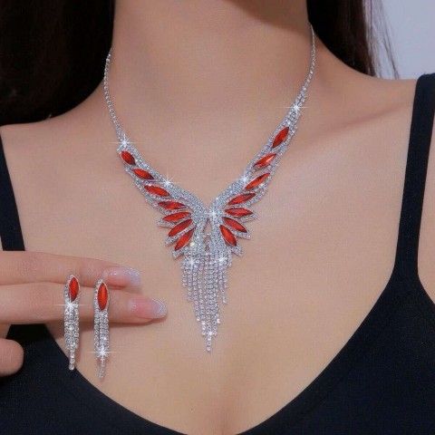 Angel Wing Pendant Necklace Earrings Set for Women, Gray Horn and Stainless Steel, Versatile for Beachwear
