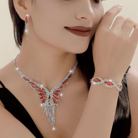 Angel Wing Pendant Necklace Earrings Set for Women, Gray Horn and Stainless Steel, Versatile for Beachwear