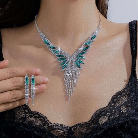 Angel Wing Pendant Necklace Earrings Set for Women, Gray Horn and Stainless Steel, Versatile for Beachwear