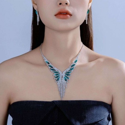 Angel Wing Pendant Necklace Earrings Set for Women, Gray Horn and Stainless Steel, Versatile for Beachwear