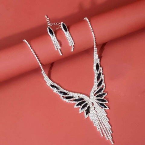 Angel Wing Pendant Necklace Earrings Set for Women, Gray Horn and Stainless Steel, Versatile for Beachwear