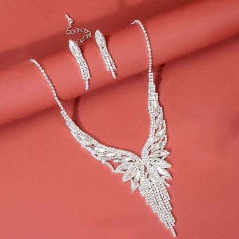 Angel Wing Pendant Necklace Earrings Set for Women, Gray Horn and Stainless Steel, Versatile for Beachwear