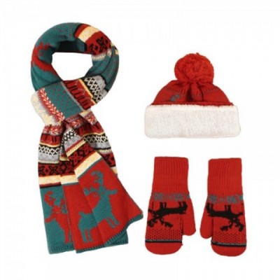 Lovely Red Christmas Set for Women: Pompom Beanie, Scarf & Gloves with Deer & Snow Prints