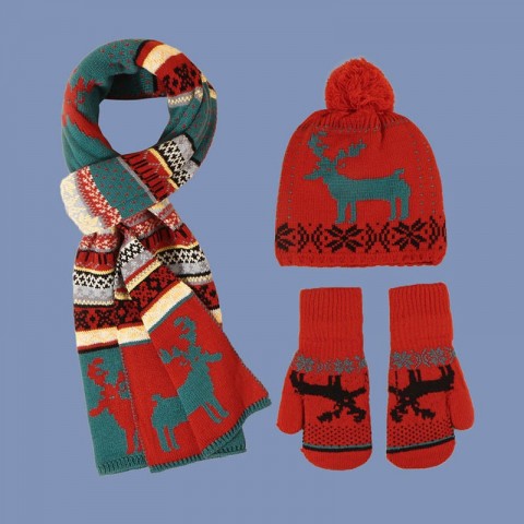 Lovely Red Christmas Set for Women: Pompom Beanie, Scarf & Gloves with Deer & Snow Prints