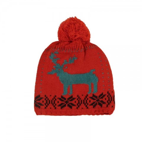 Lovely Red Christmas Set for Women: Pompom Beanie, Scarf & Gloves with Deer & Snow Prints