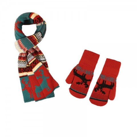 Lovely Red Christmas Set for Women: Pompom Beanie, Scarf & Gloves with Deer & Snow Prints