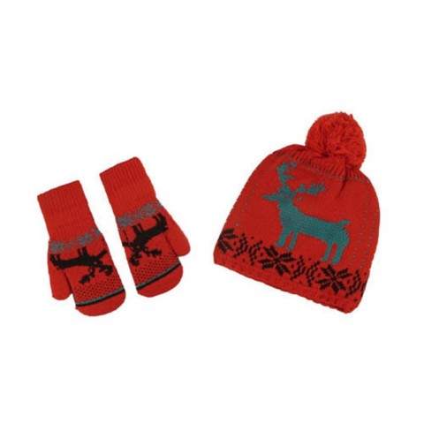 Lovely Red Christmas Set for Women: Pompom Beanie, Scarf & Gloves with Deer & Snow Prints