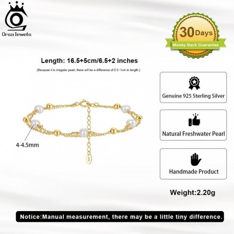 ORSA JEWELS Women's Fashion 925 Sterling Silver Baroque Pearl 14K Gold Chain Bracelet GPB32