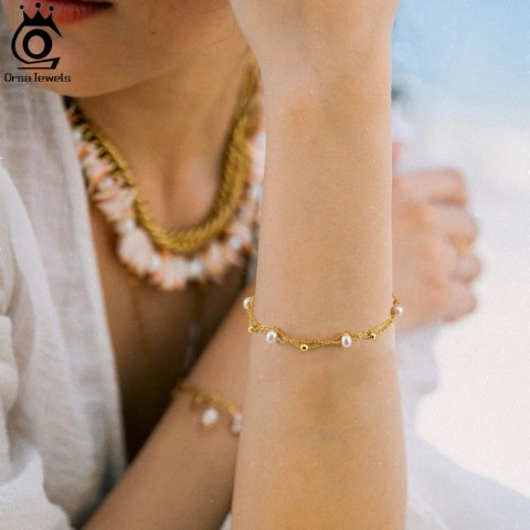 ORSA JEWELS Women's Fashion 925 Sterling Silver Baroque Pearl 14K Gold Chain Bracelet GPB32