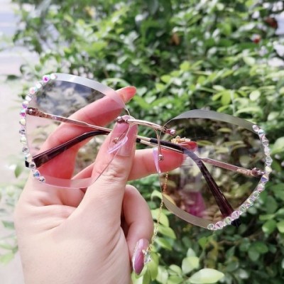 Fashionable Women's Rhinestone Trimmed Frameless Metal Sunglasses with UV400 Lenses