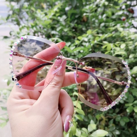 Fashionable Women's Rhinestone Trimmed Frameless Metal Sunglasses with UV400 Lenses