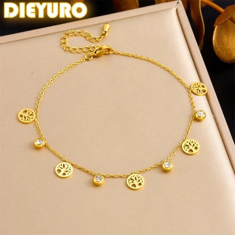 DIEYURO Women's Rust-Proof Golden Tree Ankle Chain with Zircon Stones