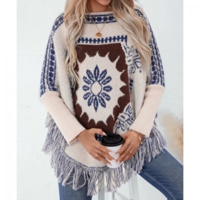 Womens Ethnic Cape Style Sweater with Fringe Detail, Long Sleeves, Autumn Winter Fashion