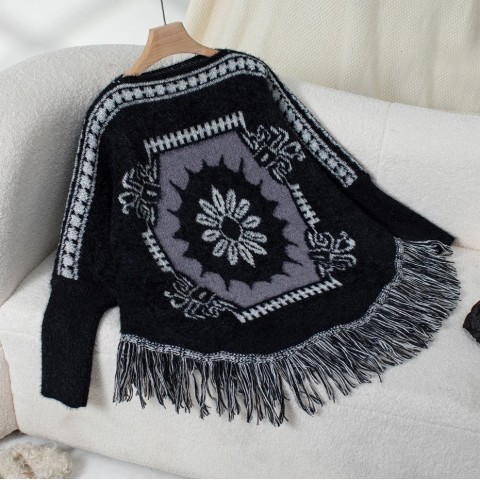 Womens Ethnic Cape Style Sweater with Fringe Detail, Long Sleeves, Autumn Winter Fashion