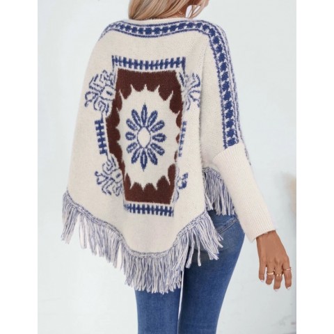 Womens Ethnic Cape Style Sweater with Fringe Detail, Long Sleeves, Autumn Winter Fashion