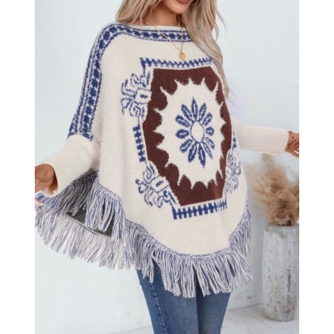 Womens Ethnic Cape Style Sweater with Fringe Detail, Long Sleeves, Autumn Winter Fashion
