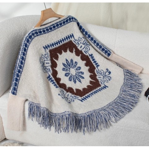 Womens Ethnic Cape Style Sweater with Fringe Detail, Long Sleeves, Autumn Winter Fashion